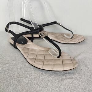 Chanel Thong Sandals Womens 36C 6 Black Leather Interlocking‎ CC Flats Quilted